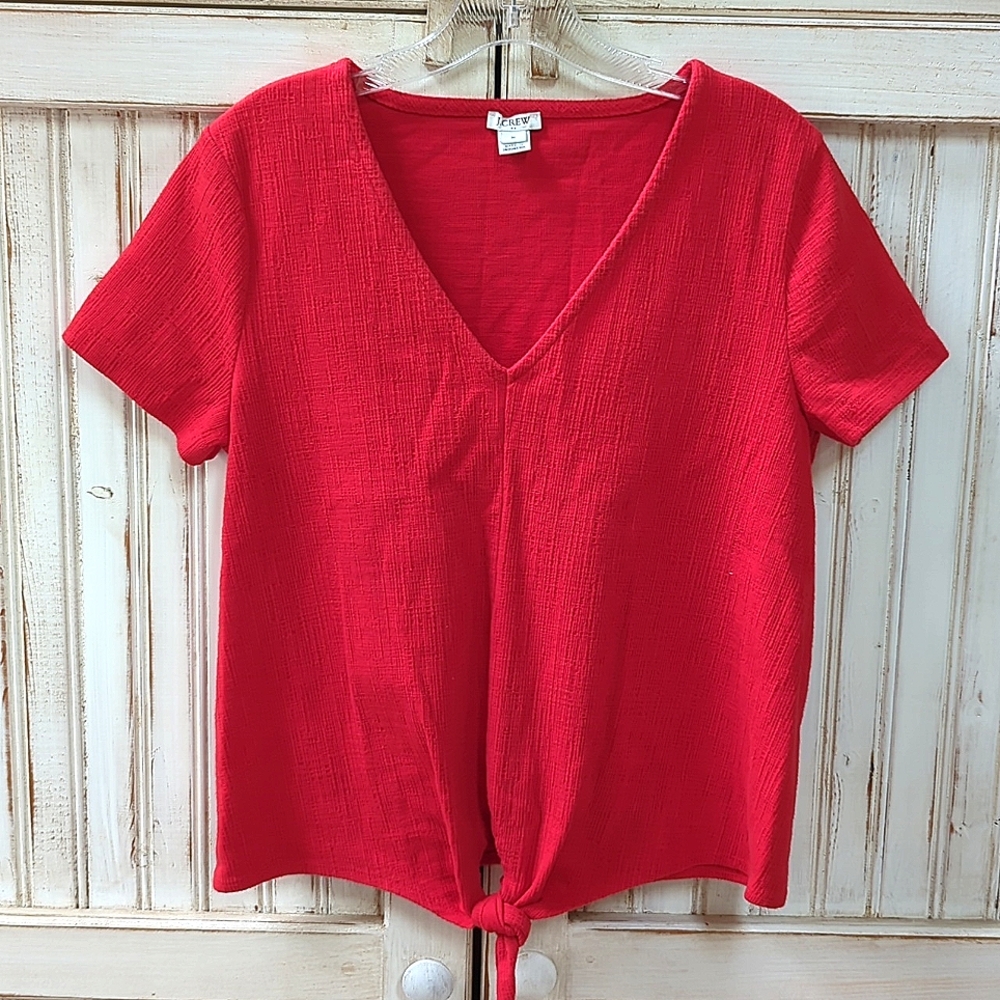J. Crew, textured v-neck red tie front shirt. Med